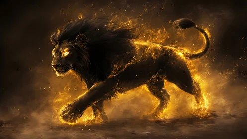 Volumetric fire-clad lion in dynamic stride through smoke.