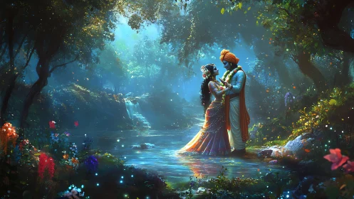 Lovers stitched from moonlight waltz in a jeweled forest pool