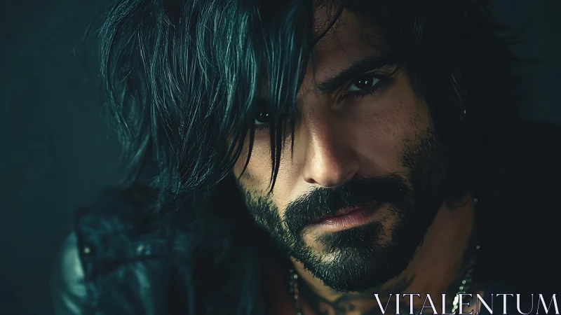 Brooding bearded man under moody teal cinematic lighting.