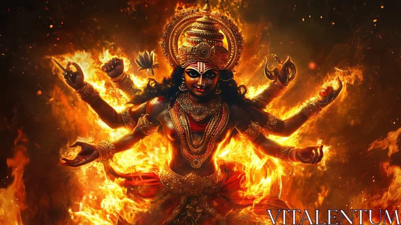 Radiant fire goddess dancing through swirling golden flames.