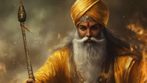 Golden guardian elder wrapped in firelit determination.