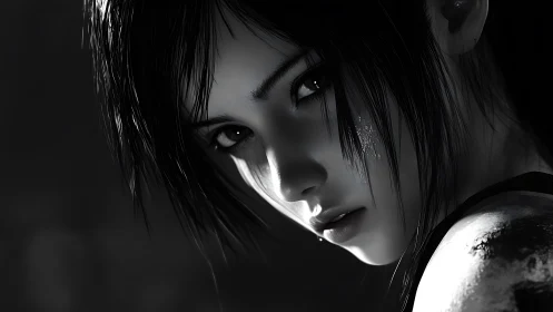 Monochrome digital portrait isolates a reflective female gaze