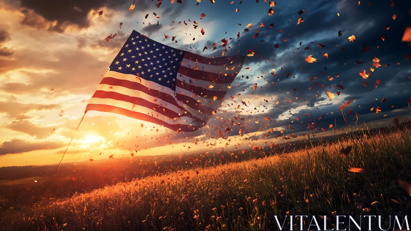 American flag over autumn field at dramatic sunset sky.
