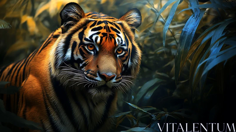 Majestic tiger stares through jungle shadows in vivid detail.
