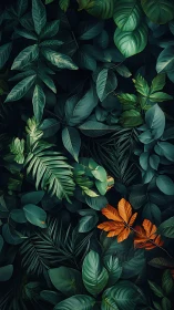 Dense tropical foliage displays vivid orange contrast leaves