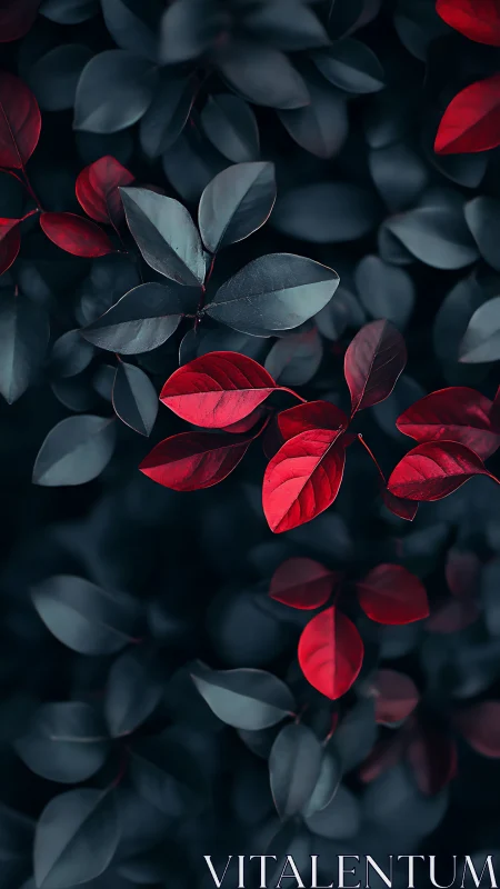 Deep red leaves glowing softly against midnight foliage.