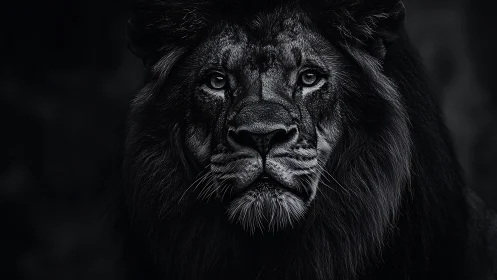 Monochrome frontal portrait of adult male lion in shadowed light.