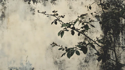 Shadow of leafy branch on weathered wall in minimalist style.