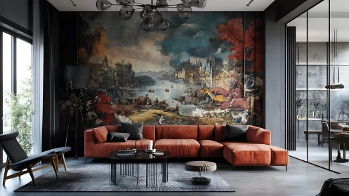 Modern living room with large classical mural backdrop.