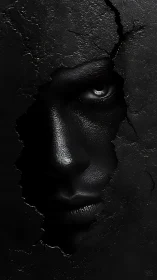 Human face emerging through cracked dark surface texture.