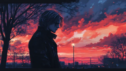 Solitary figure in black coat beneath vivid crimson dusk sky