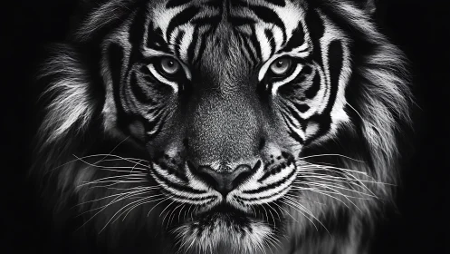 Monochrome tiger portrait isolates piercing frontal gaze