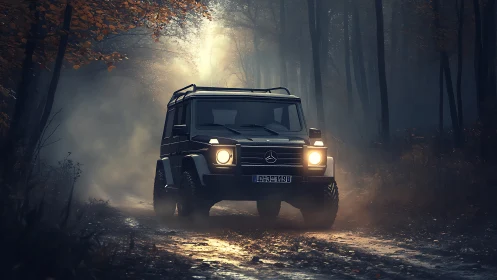 Mercedes off road SUV on misty forest dirt track at dusk.