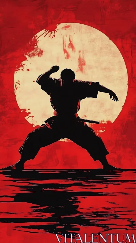 Crimson sun warrior poised in silhouette over painted waves.