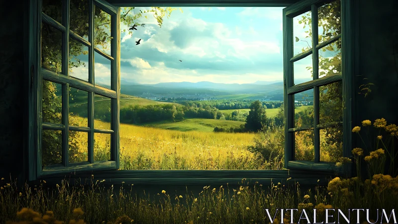Sunlit country meadow framed by a cozy open window.