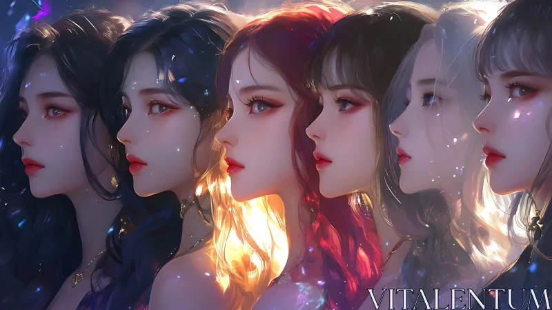 Profile sequence of six stylized female faces in gradient light