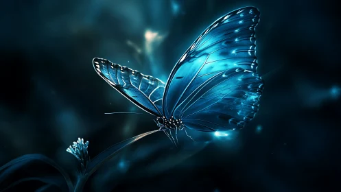 Bioluminescent blue butterfly rendered in high-contrast digital art