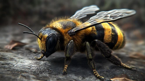 Gentle honeybee pausing on a sunlit path in quiet focus.