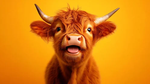 Highland calf portrait in saturated orange studio background