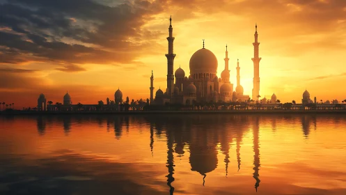 Sunset mosque silhouette with reflective water symmetry study.