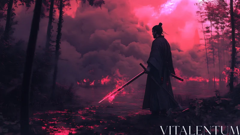 Samurai silhouette surveys flaming misted lake under magenta sky