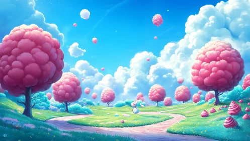 Pastel candy forest under radiant cumulus sky panorama.