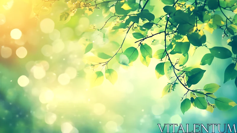 Sunlit Green Leaves with Bokeh Effect in Soft Nature Style.