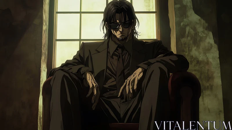 Anime noir crime boss in chiaroscuro interior composition.