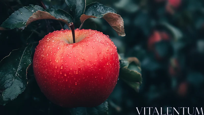 Ripe red apple hangs in sharp focus against dark foliage