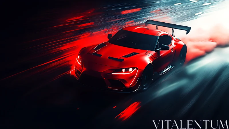 Red racing sports car drifting through neon motion trail.
