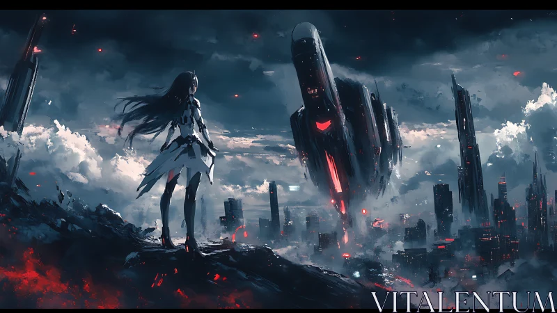 Futuristic heroine facing colossal warship above ruined city.