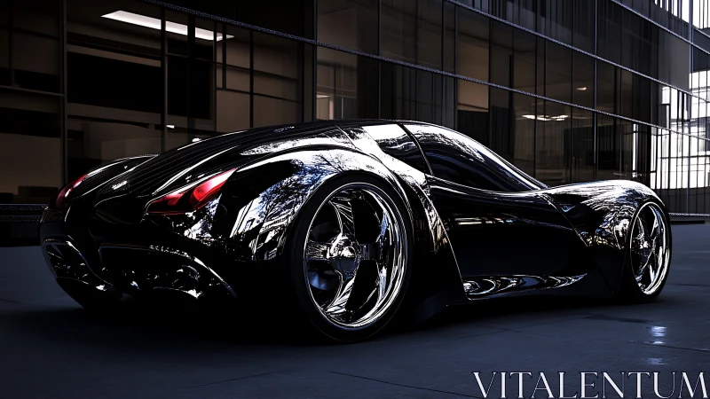 Black hypercar render with reflective bodywork in glass plaza.