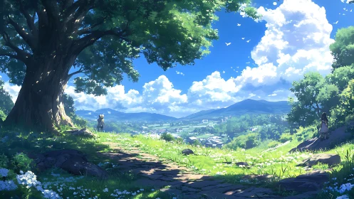 Sunlit hillside path toward a quiet summer valley daydream.