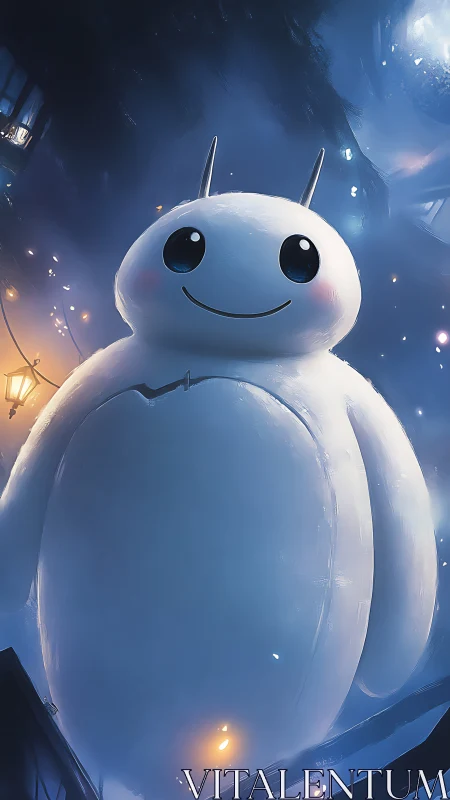 Smiling white robot towers over moody blue night city