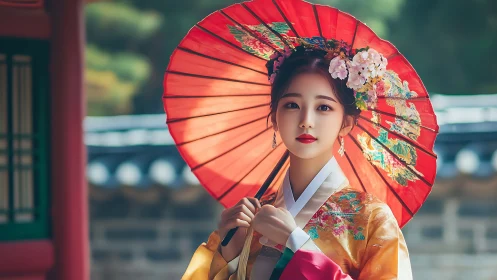 Graceful woman beneath a red parasol in traditional dress.