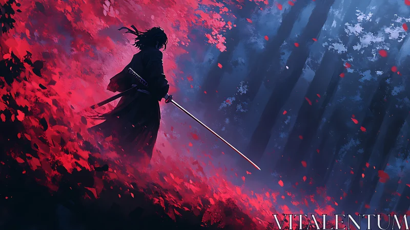 Lone swordsman amid crimson leaves in misty twilight forest.