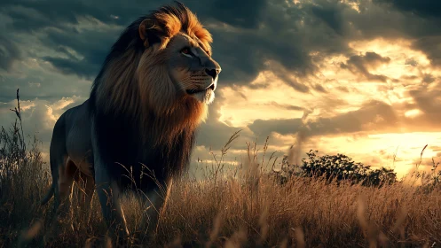 Lion of the golden savanna standing in glowing sunset light.