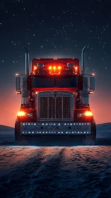 Red semi truck glows against snowy horizon under starry sky