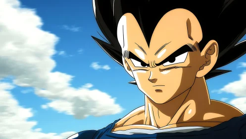 Stoic anime warrior gazes ahead under a bright open sky