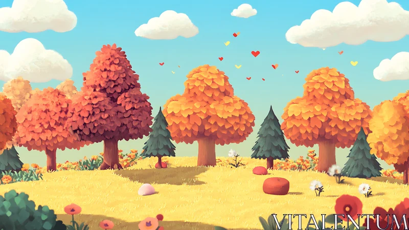 Autumn forest clearing shows stylized trees under clear sky