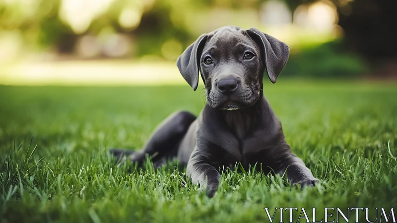 Gray puppy lying on short grass in outdoor environment.