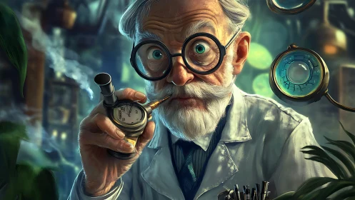 Eccentric laboratory scientist peers through oversized round glasses