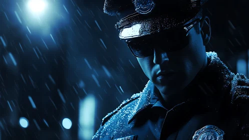 Lone police officer stands watch in blue neon rain at night