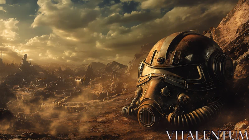 Fallen power armor helmet rests in a scorched wasteland.