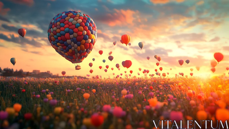 Multicolored balloon cluster over wildflower meadow at sunset