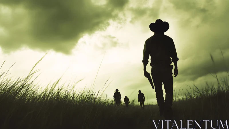 Backlit cowboy silhouettes advance through tall grass under storm