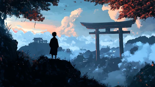 Silhouetted figure overlooking misty shrine landscape.