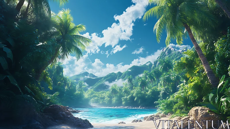 Tropical Paradise Cove Framed by Verdant Jungle and Crystalline Waters.