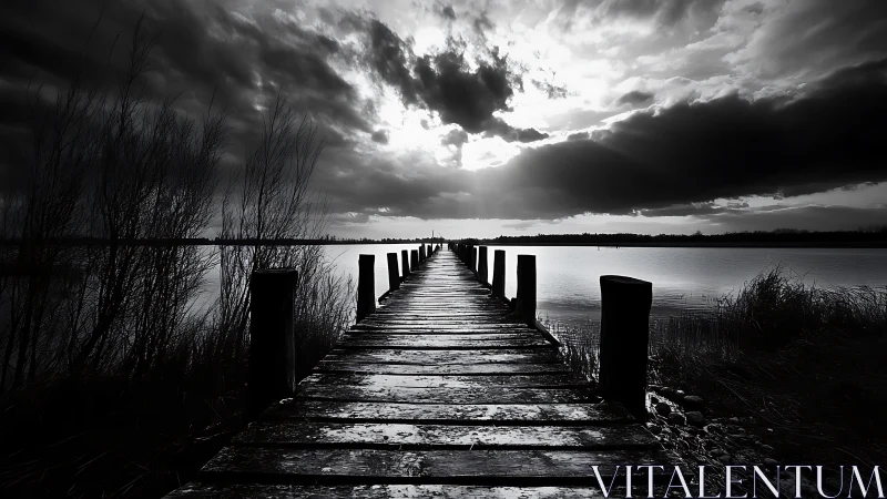 Moody lakeside pier invites quiet steps toward soft light