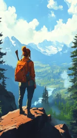 Backpack dreamer overlooking sunlit alpine wilderness.